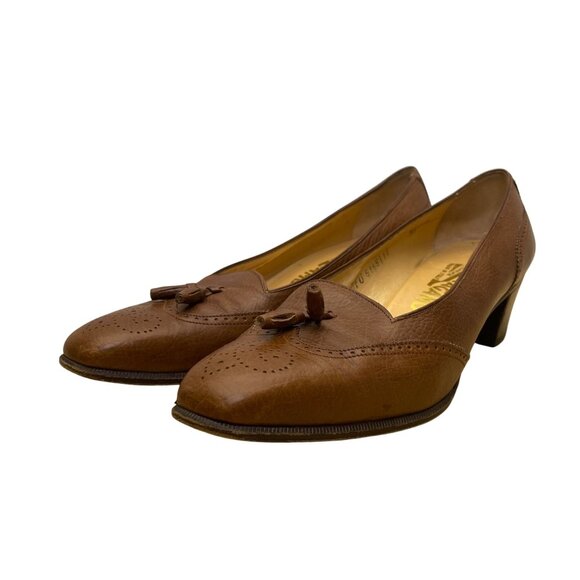 Salvatore Ferragamo Women’s Brown Leather Tassel Design Heeled Loafers Size 8.5 - Picture 1 of 9